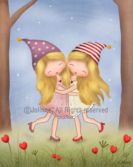 Twin sisters happy art print , children wall art , open edition , archival reproduction