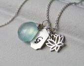 Hand Stamped Necklace - Lotus Charm - Sterling Silver - Aqua Chalcedony Gemstone - Customized Necklace - Bridal Jewlery