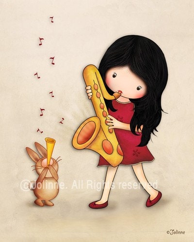 Kids art print children wall decor - girl and bunny playing the saxophone beige background, nursery decor, girls room picture