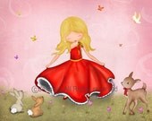 Girls art prints, children room decor, Happy dancing girl with forest animals nursery wall art, pink red