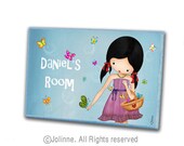 Personalized door plaque hanger for children , custom sign girl with butterflies , girls room or nursery original illustration