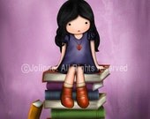 Children art prints, kids wall art, reading room decoration , Library wall art, girl, books, purple room wall art
