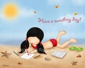 Children art print sunshine beach illustration for girls room or nursery decor