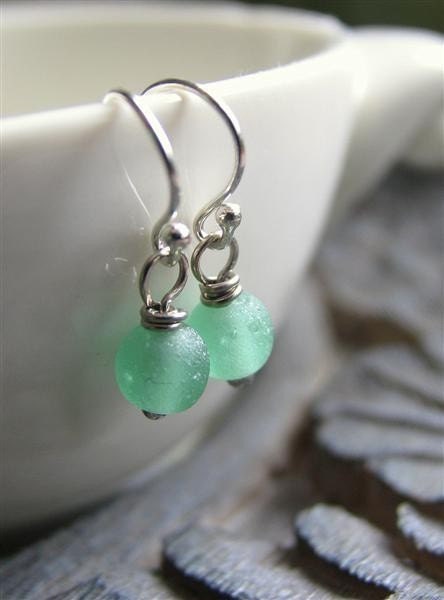 Tiny Recycled African Glass earrings, Sea foam Green on Sterling Silver, Small drop earrings, Mint Green Glass earrings