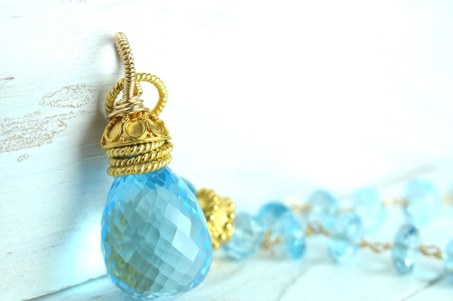 Beach Wedding, Statement Jewelry, Swiss Blue Topaz 45 K stone Layered in Gorgeous Vermeil Accents-Stunning