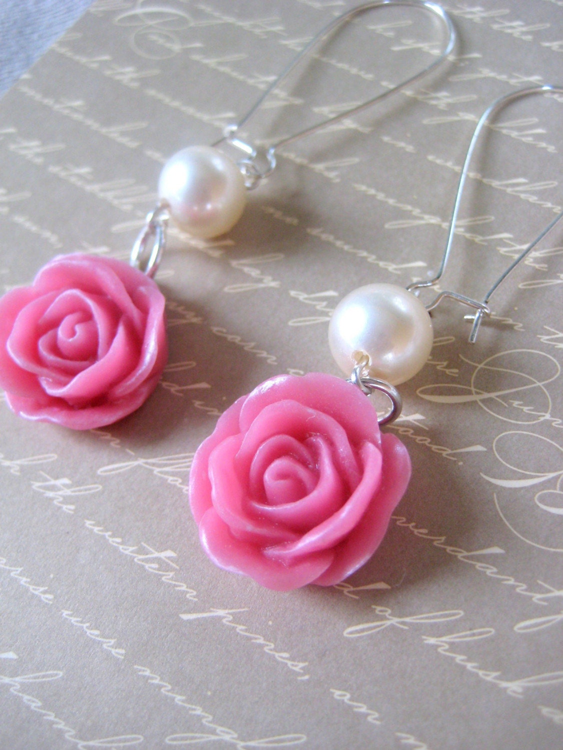 Dark pink rose cabochon long glass pearl silver plated kidney earwire earring