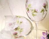 HandPainted Wine Glasses - Amethyst Lavender Rose Buds and Fresh Green Leaves - Set of TWO Purple and White