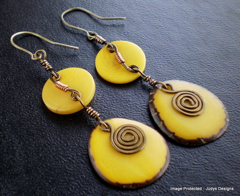 Yellow tagua earrings, eco jewelry, long dangle