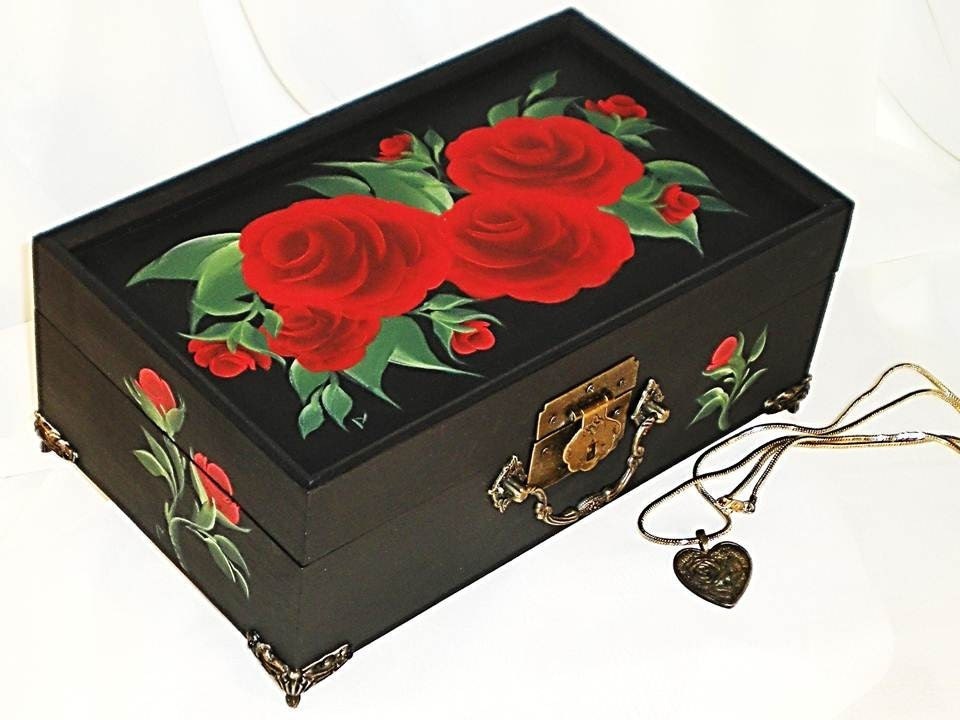 Jewelry Box with Mirror and 2 Trays - Hand Painted Ebony Black with Deep Crimson Red Rose Design