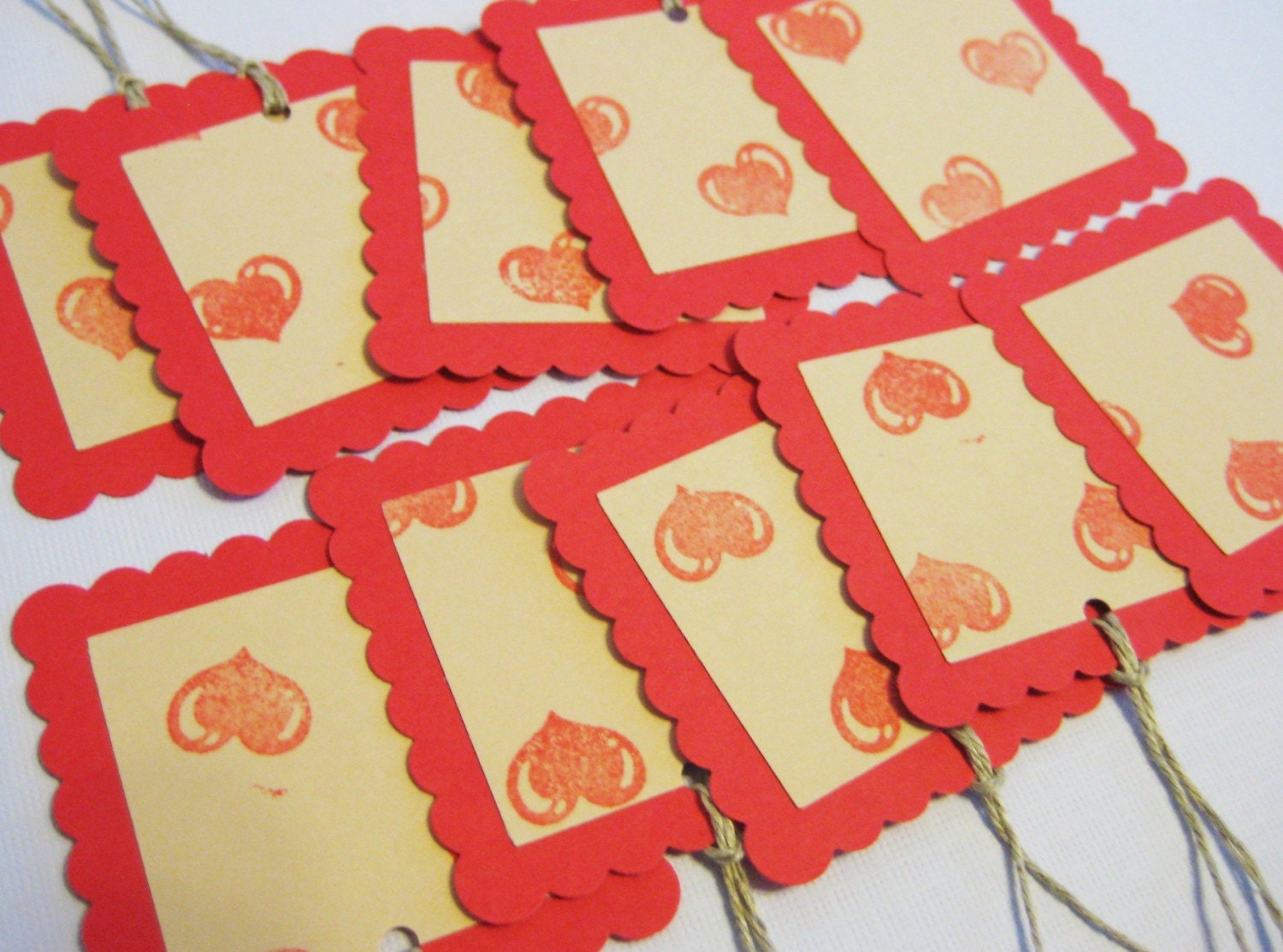 Red stamped heart tags, set of 10