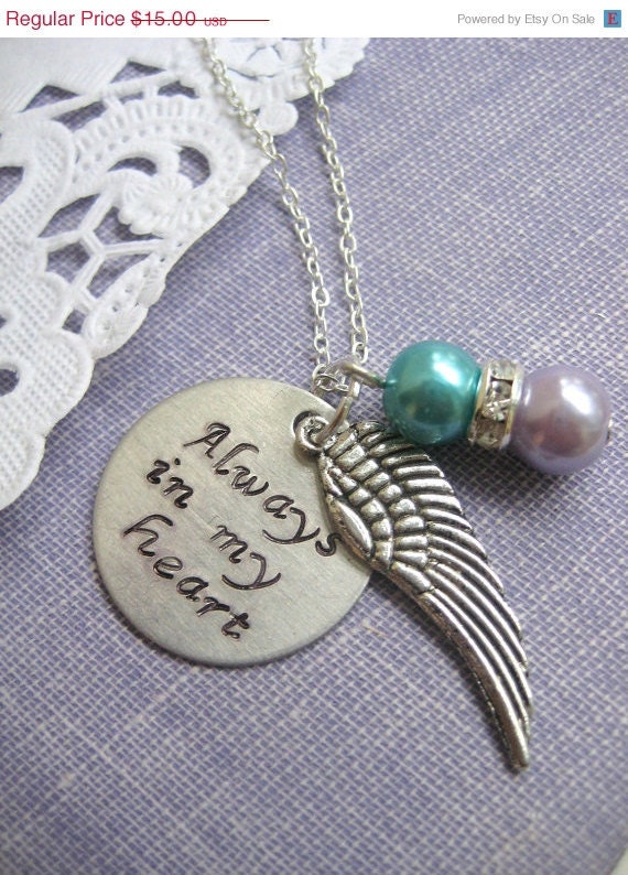 Angel wing stack of pearls birthstone colours always in my heart handstamped necklace