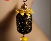 Florencita Earrings Gold Pearls, Vintage Yellow Flowers, Yellow Jade on Antique Brass