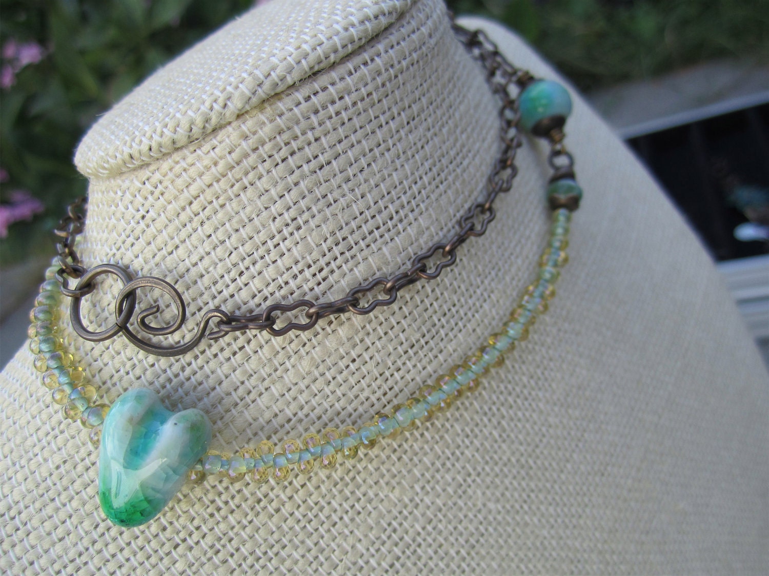 Ceramic heart necklace, Vintaj Natural Brass