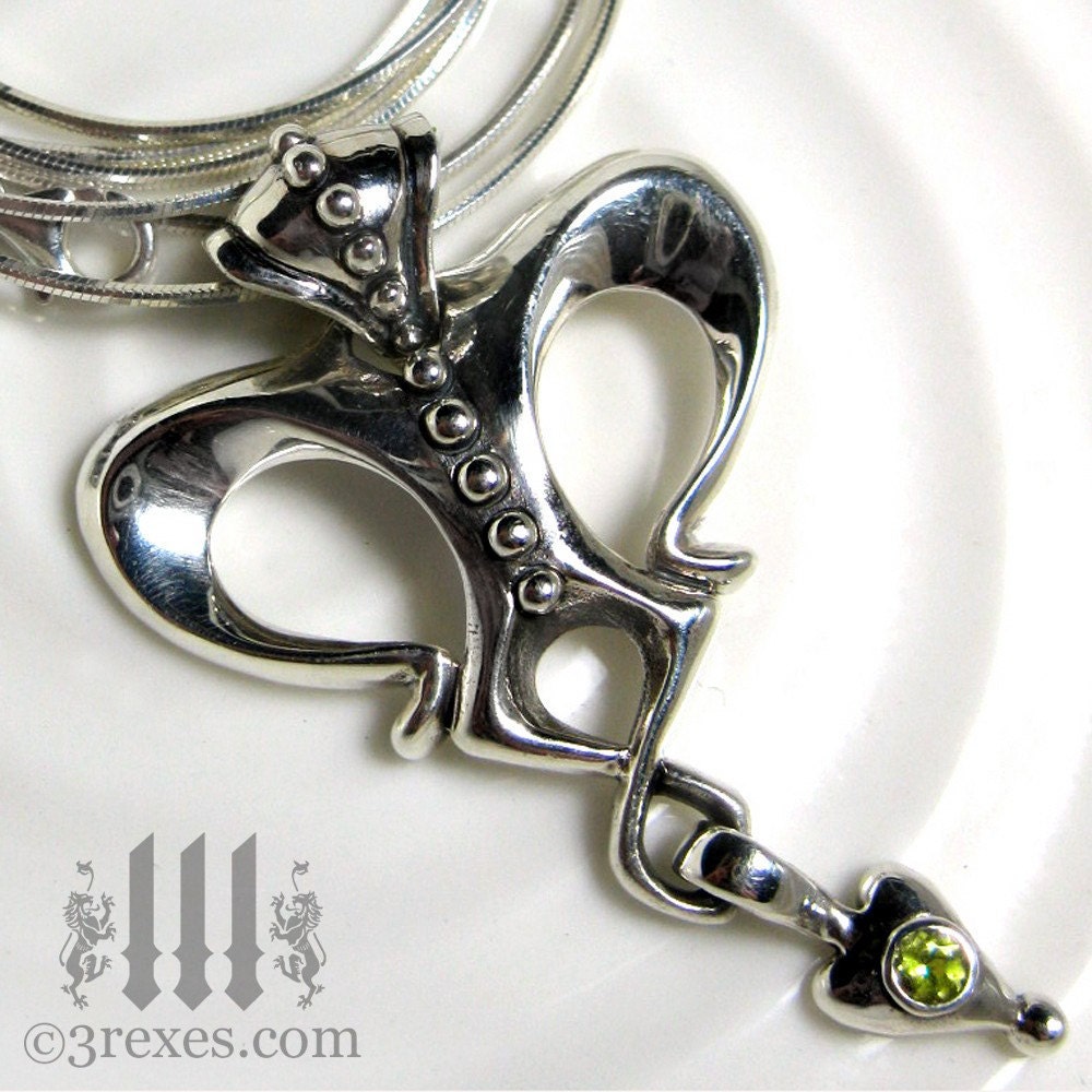 Silver Crown Necklace, Queen Of Hearts, Moss Green Peridot Stone, Long Sterling Snake Chain