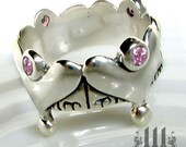 VALENTINES DAY Silver Engagement Heart Ring, Gothic Enchanted Crown, Pink Stones, Sterling Band, Size 9