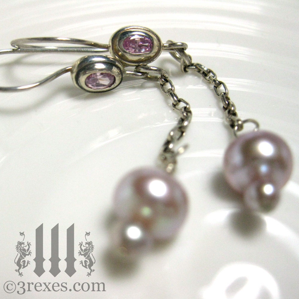 Pink Pearl Earrings, Silver Long Chain, Pink Stones, Pixie Bride Fairy Tale Wedding