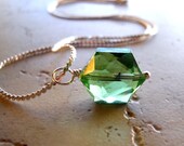 Brilliant Green Necklace, Peridot Glass, Hexagon Hex Cut