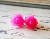Pink Rose Earrings, Hot Pink, Flowers, Bright Jewelry, 8mm Studs SALE