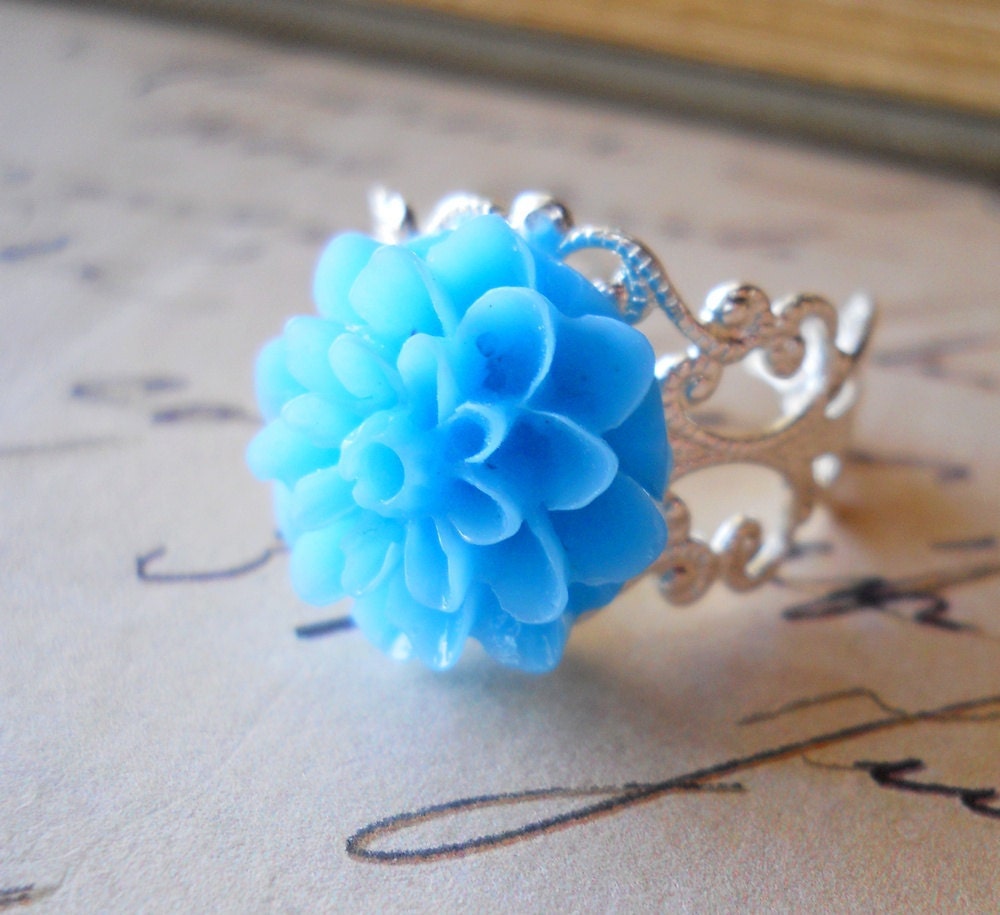 Turquoise Dahlia Ring Silver Plated Filigree Adjustable Jewelry