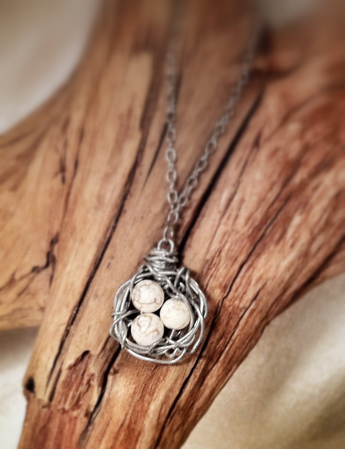 Wire Wrapped Birds Nest Pendant with White Vintage Beads