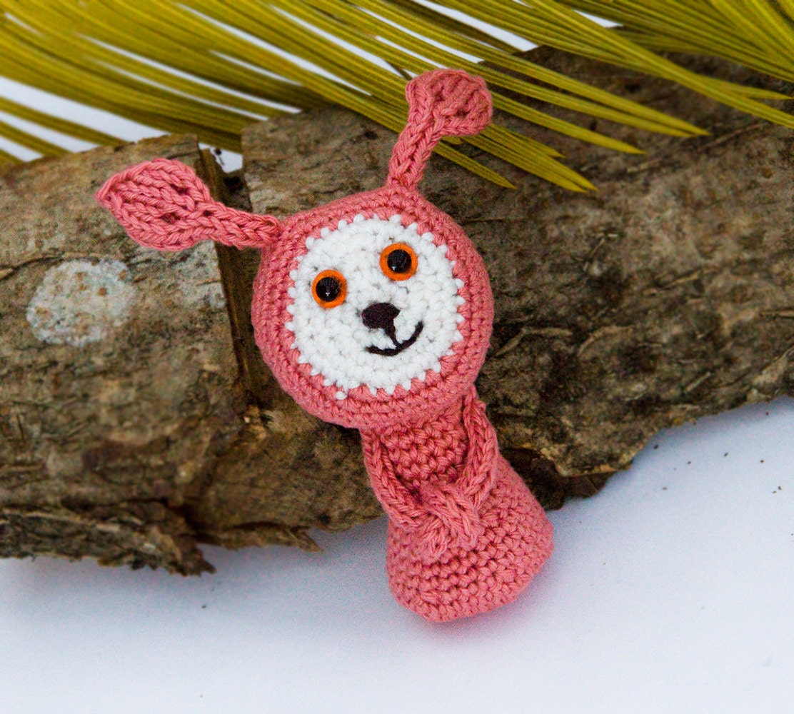 Crochet ufo, old pink toy, knit leaf antennas, friendly face creature