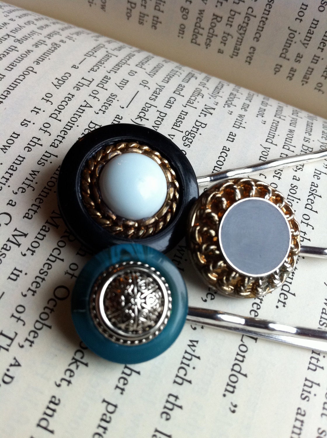 Set of Three Upcycled Vitage Button Bobby Pins