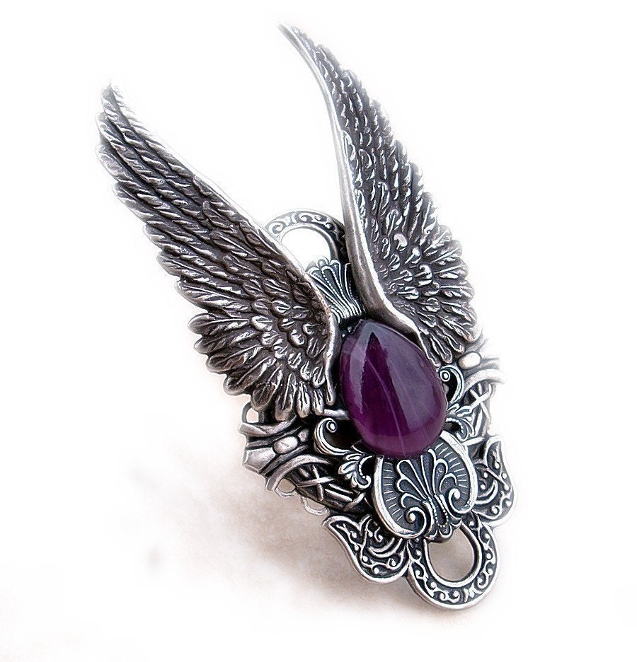 Silver Gothic Ring - Dark Angel in purple