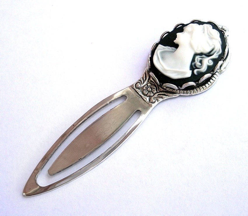 Black Bookmark - Victorian portrait cameo on silver plated brass