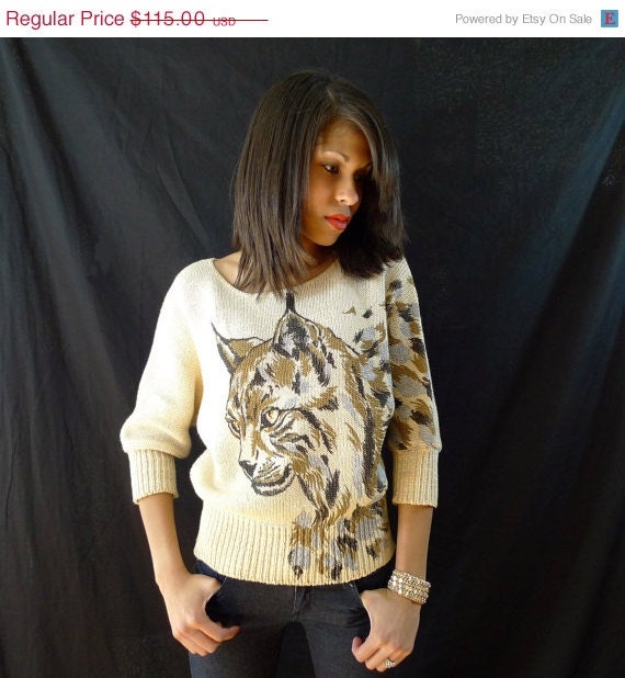 HOLIDAY SALE Vintage Sweater: Leopard Print Hand Painted Design 1980s