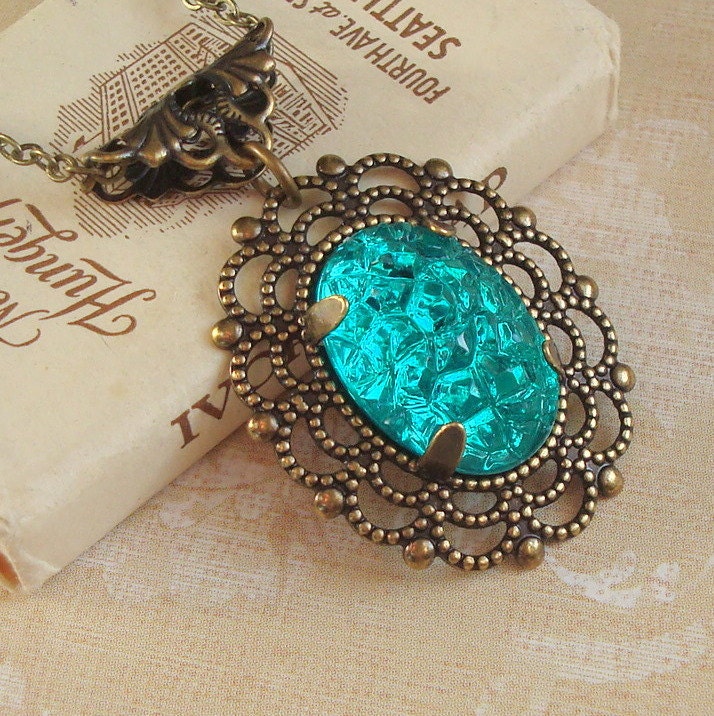 Vintage Teal Green Baroque Style Lucite Cabochon Necklace Vintage Inspired, Neo Victorian, Antiqued Brass Bronze, 22 Inches Long