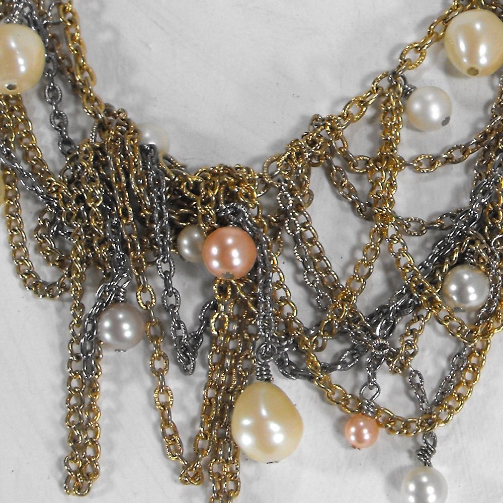 Be a Peach Dear - Tangled Chains and Peach and Cream Vintage Pearl Necklace