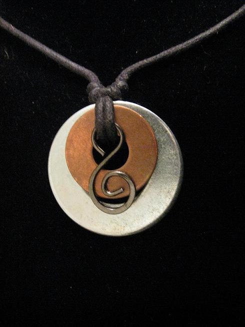 urban artifact necklace with gunmetal wire curl, copper washer, shiny washer