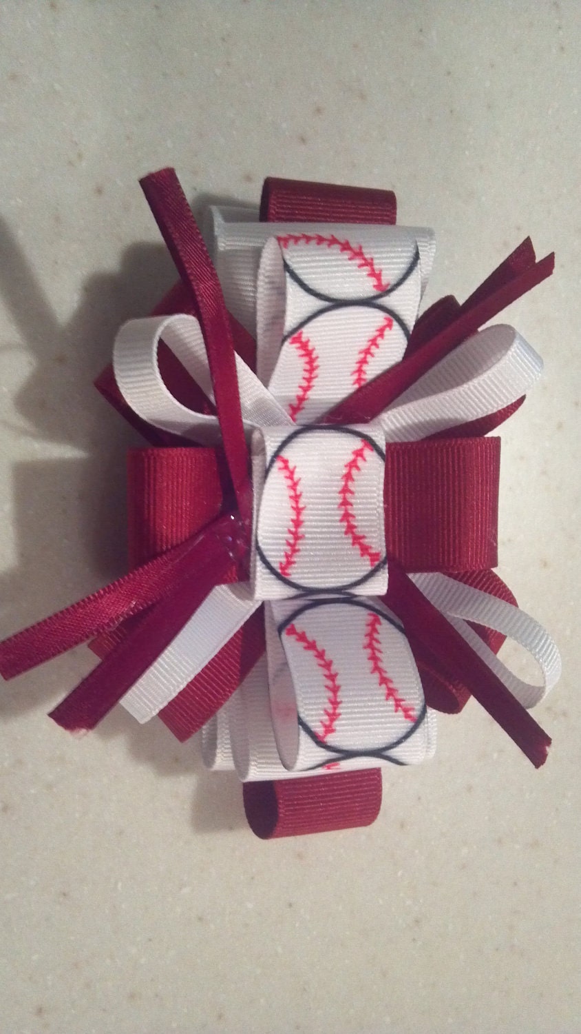 Girls ready to ship maroon and white baseball hair bow
