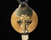 urban artifact necklace - vintage key, brass floral swag jewelry stamping, copper washer