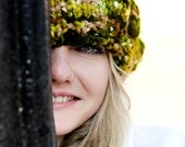 Hand knit winter beret - chunky green hat