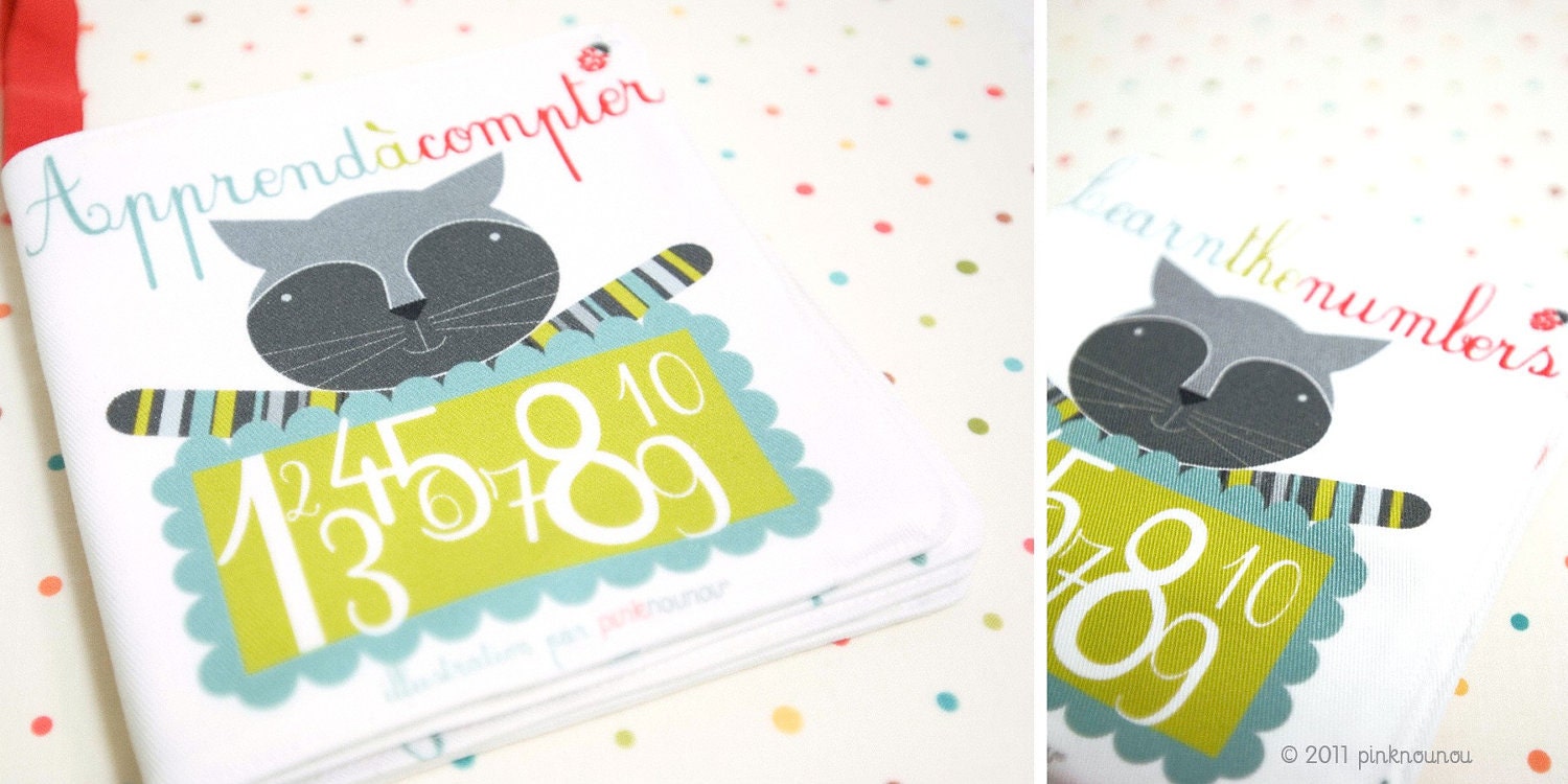fabric book Learn the Numbers, in french and english is a baby learning toy with grey cat and sweet illustrations