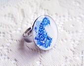 Gzhel painting ring - folk art, blue, flowers, russian art, ring, bouquet, jewelry, ethnic, vintage, neutral, style, winter, ice, christmas
