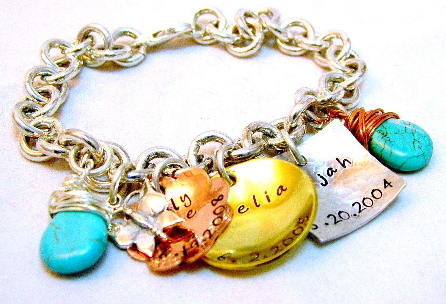 Personalized Bracelet Hand Stamped Bracelet Turquoise Tear Drops Sterling Silver butterfly