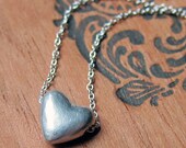 Small silver heart necklace - tiny puffed heart - gift - soft matte finish - heart slider necklace