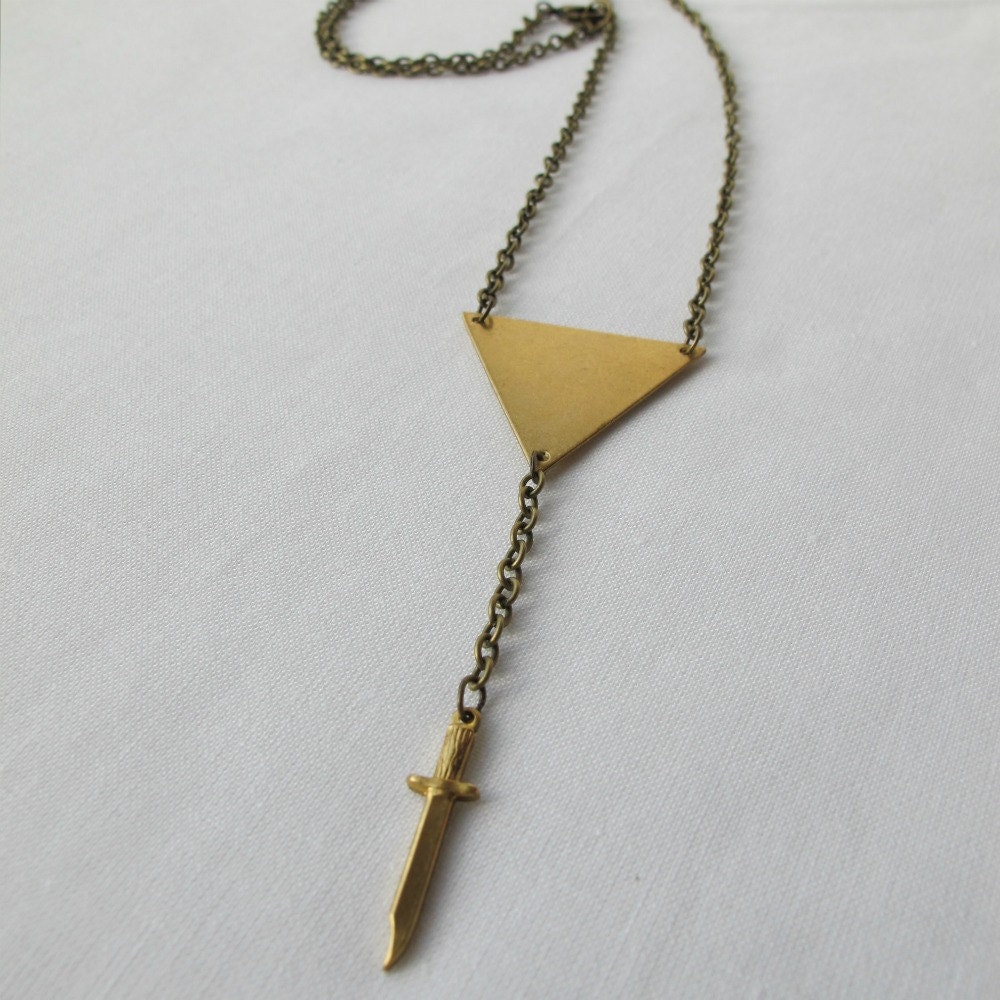 brass triangle rosary necklace with knife