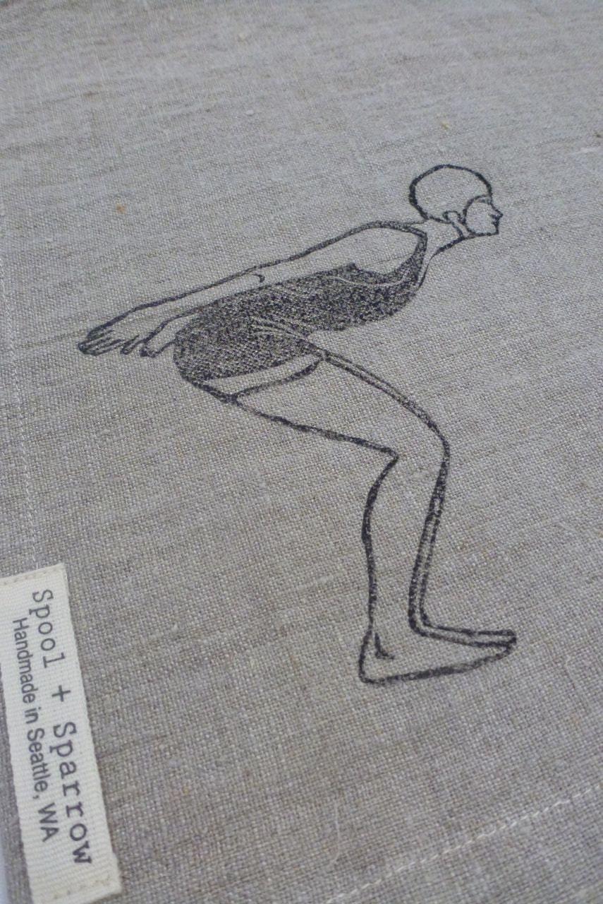 Retro swimmer linen tea towel  (graphite on toast)