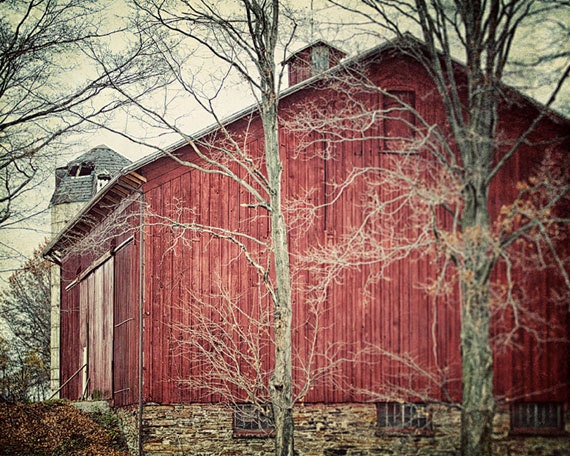 Rustic Red Amish Barn. Country Shabby Chic Farmhouse Kitchen Art Photograph. Crimson brown stone. Farm Landscape. Gift under 30.