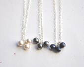 Pearl Trio Necklace - Tiny, Cluster, Navy Blue, White, Gray, Swarovski, Sterling Silver - simple everyday jewelry