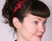 Headband (Hair Band) Scarlet Red Satin Ribbon w/ Hand-Sewn Flowers & Sterling Silver Bead Accents - Perfect for Valentine's Day