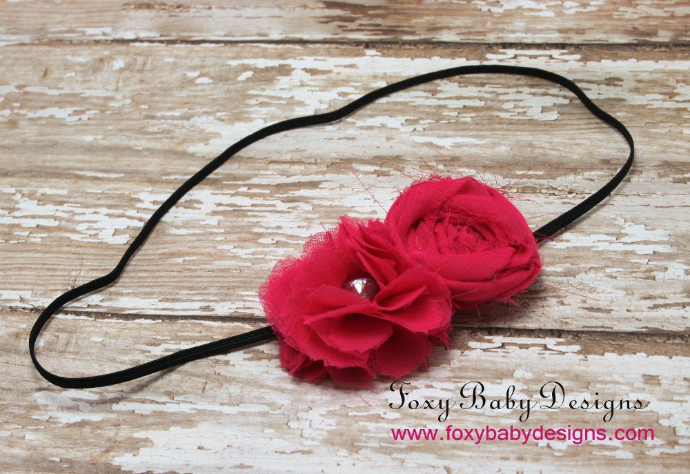Newborn-Adult Hot Pink Chiffon Flowers on Skinny Black Headband