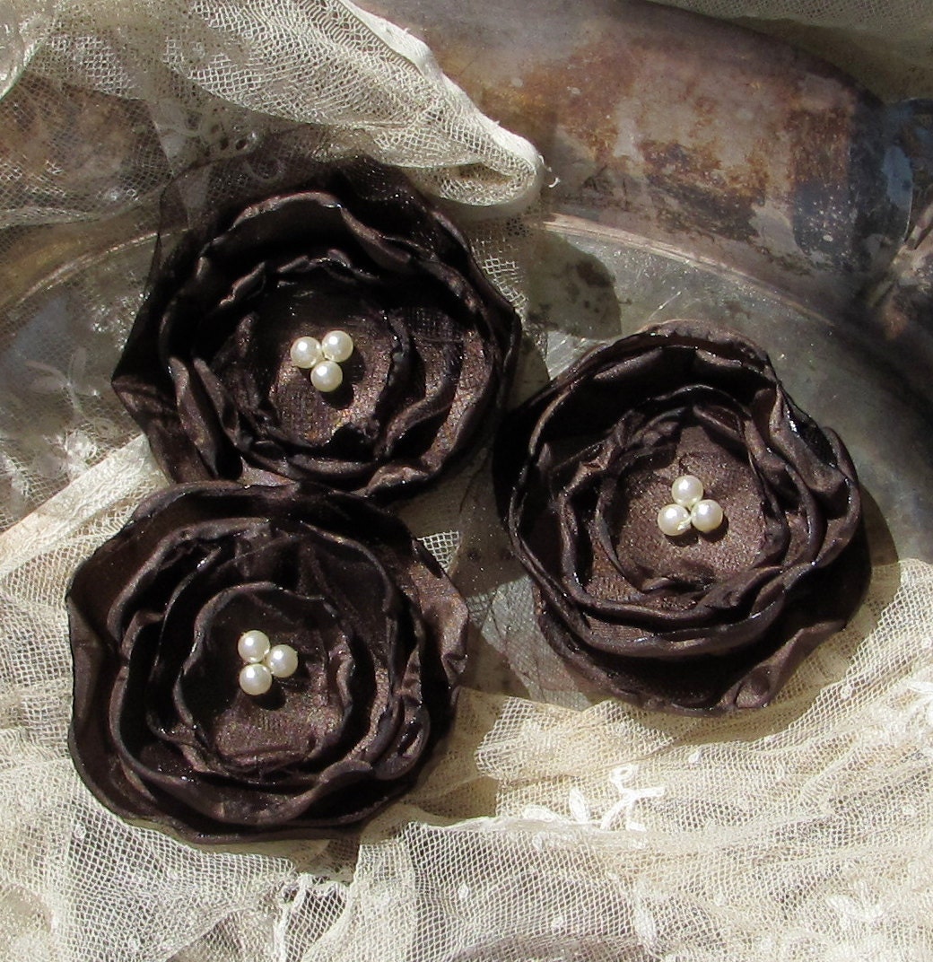 Fabric Flowers Set of 3 Chocolate Brown with Tulle by My Broken Art on Etsy