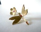 Dragonfly and Flower Sterling Silver Stud Earrings-Gold Plated- Red Enamel- Vintage Inspired- Feminine- Elegant- Playful