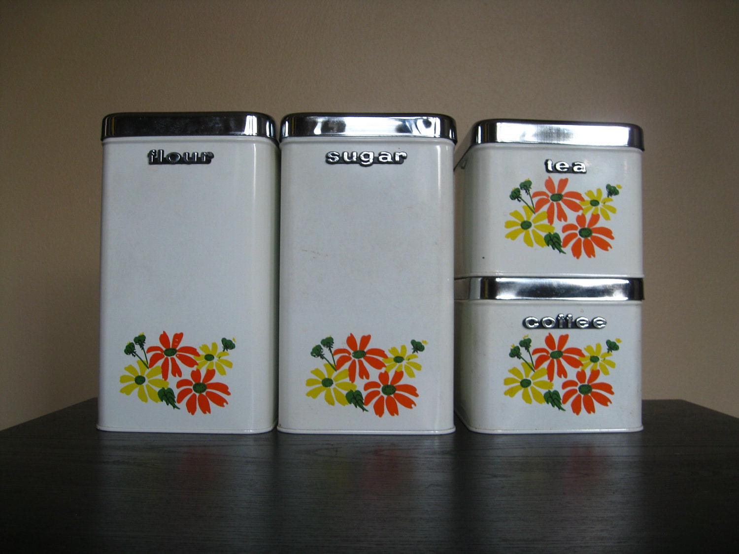 Metal Canister Set.  Flour, Sugar, Tea and Coffee.