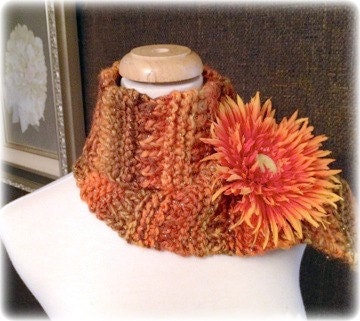 Burnt Orange & Gold fleck scarf with large silk flower pin