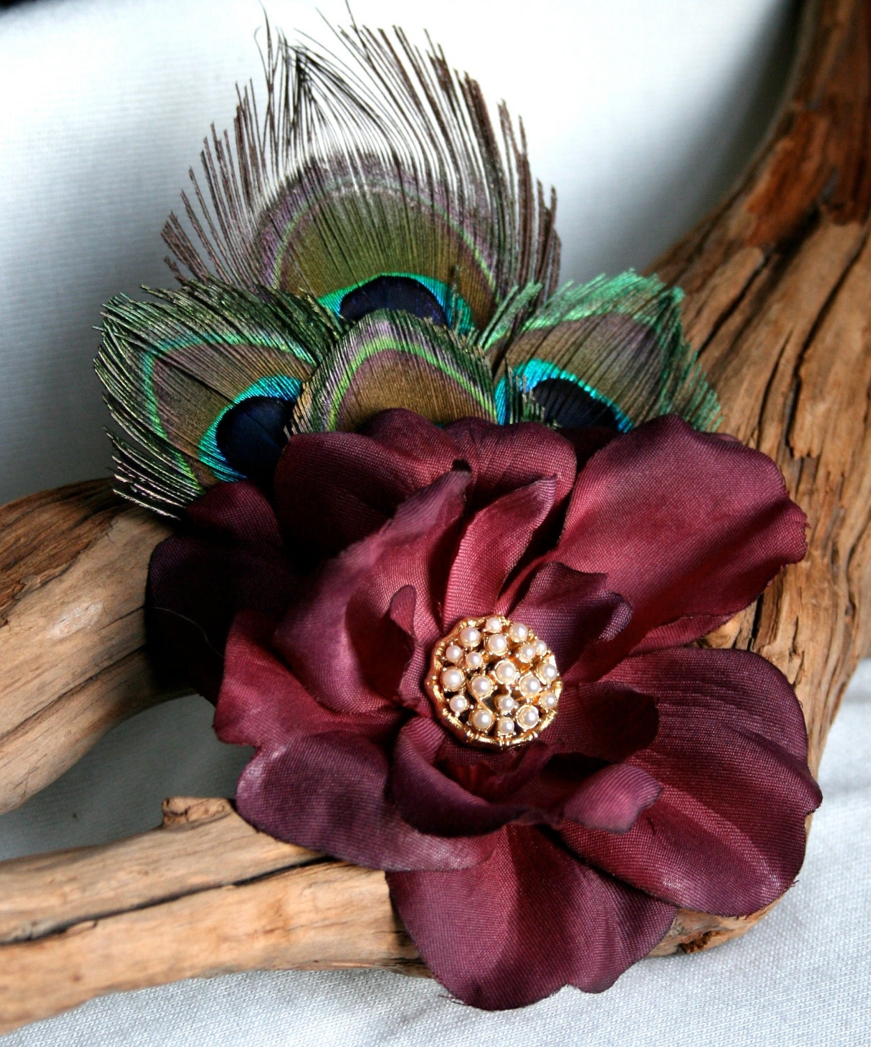 Madalyn Peacock Feather and Burgundy Flower Vintage Fascinator Hair Clip